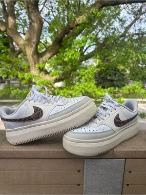 Nike White Platform Sneakers with Leopard Print Swoosh